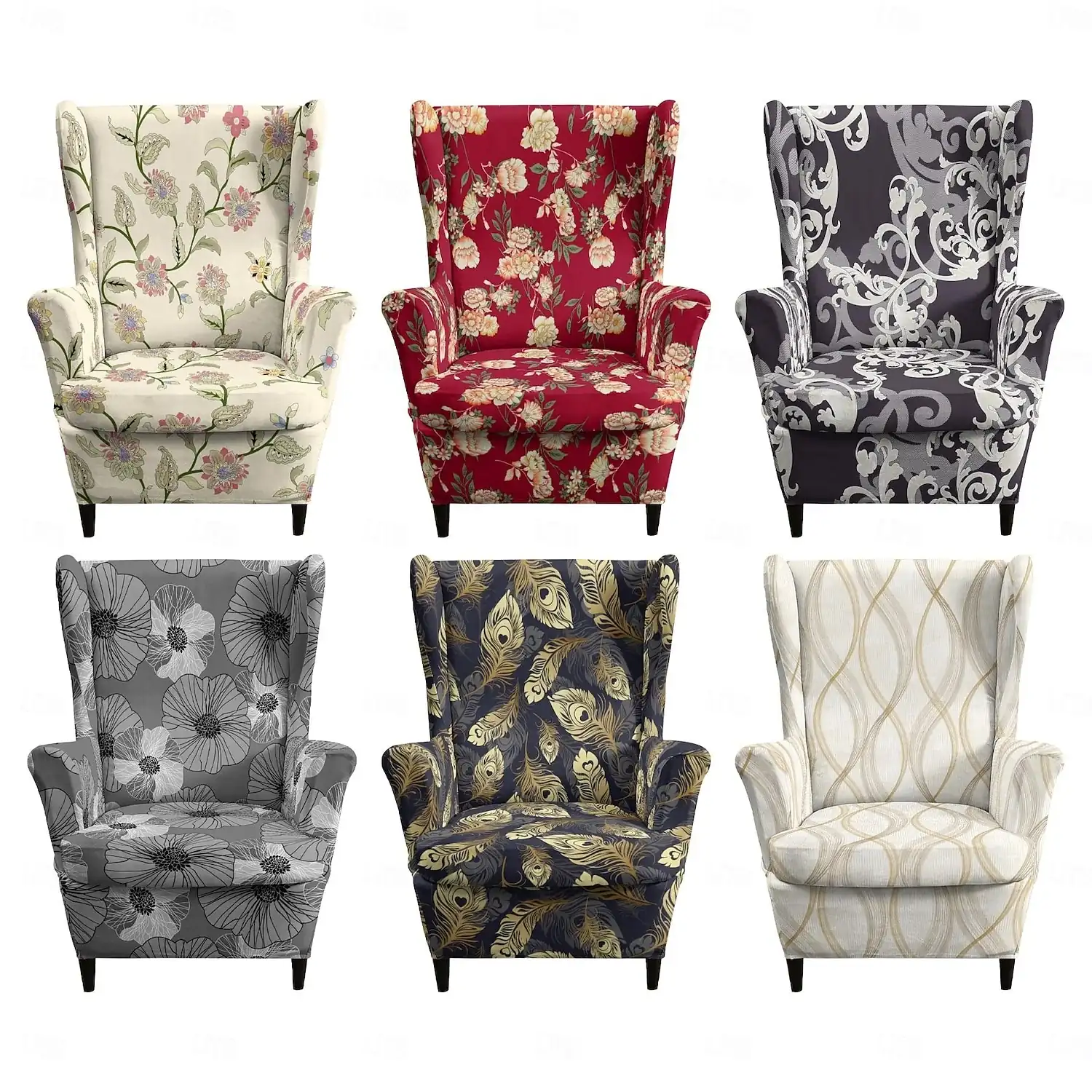 Floral, Striped & Geometric Printed Wingback Chair Covers, Stretch Polyester Slipcovers for Armchairs, Decorative Furniture Protectors