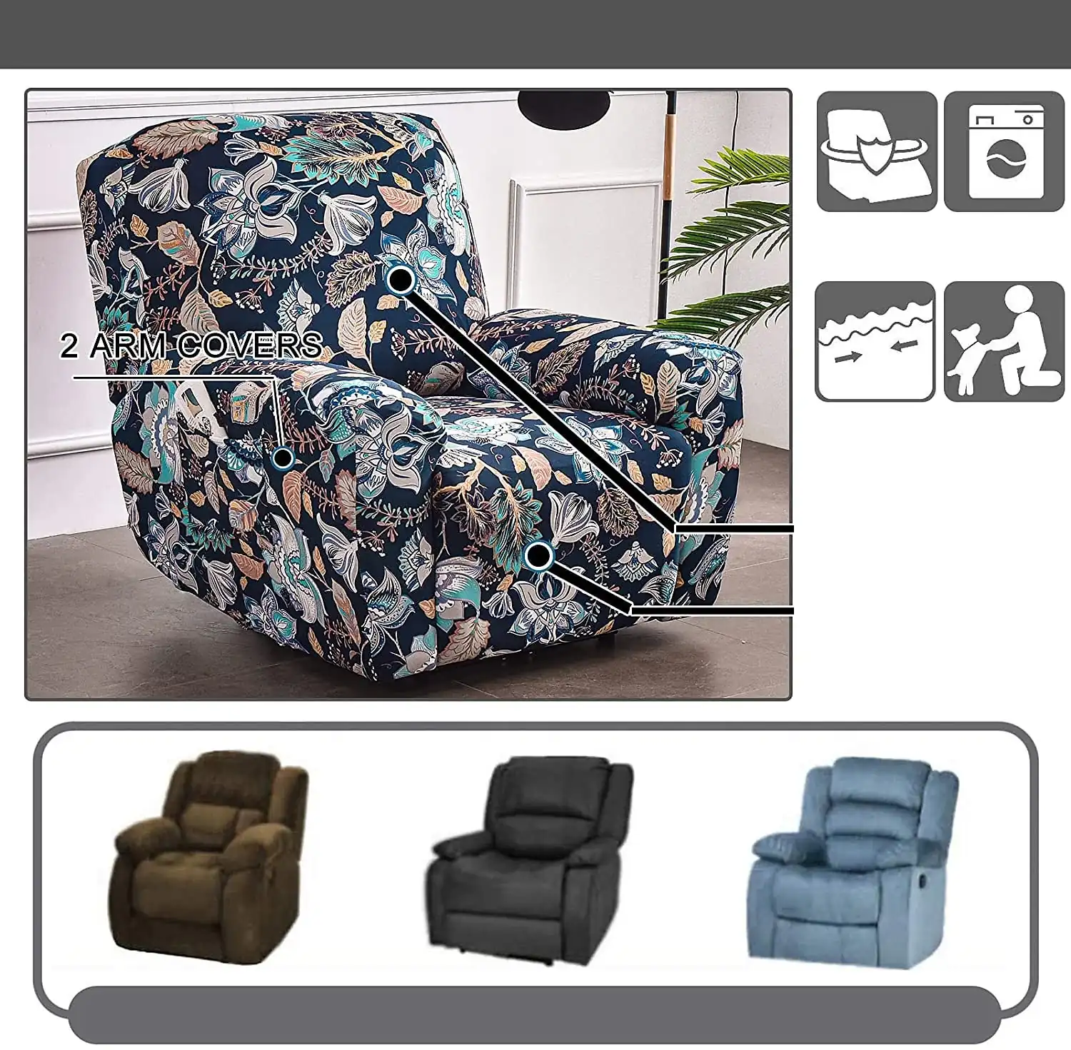 Stretch Recliner Covers Slipcover Graphic Print Anti-Slip Fitted Cover Couch Furniture Protector with Elastic Bottom(Include 1 Backrest Cover, 1 Seat 54afed9691b86fd921bab84f32f5aa13