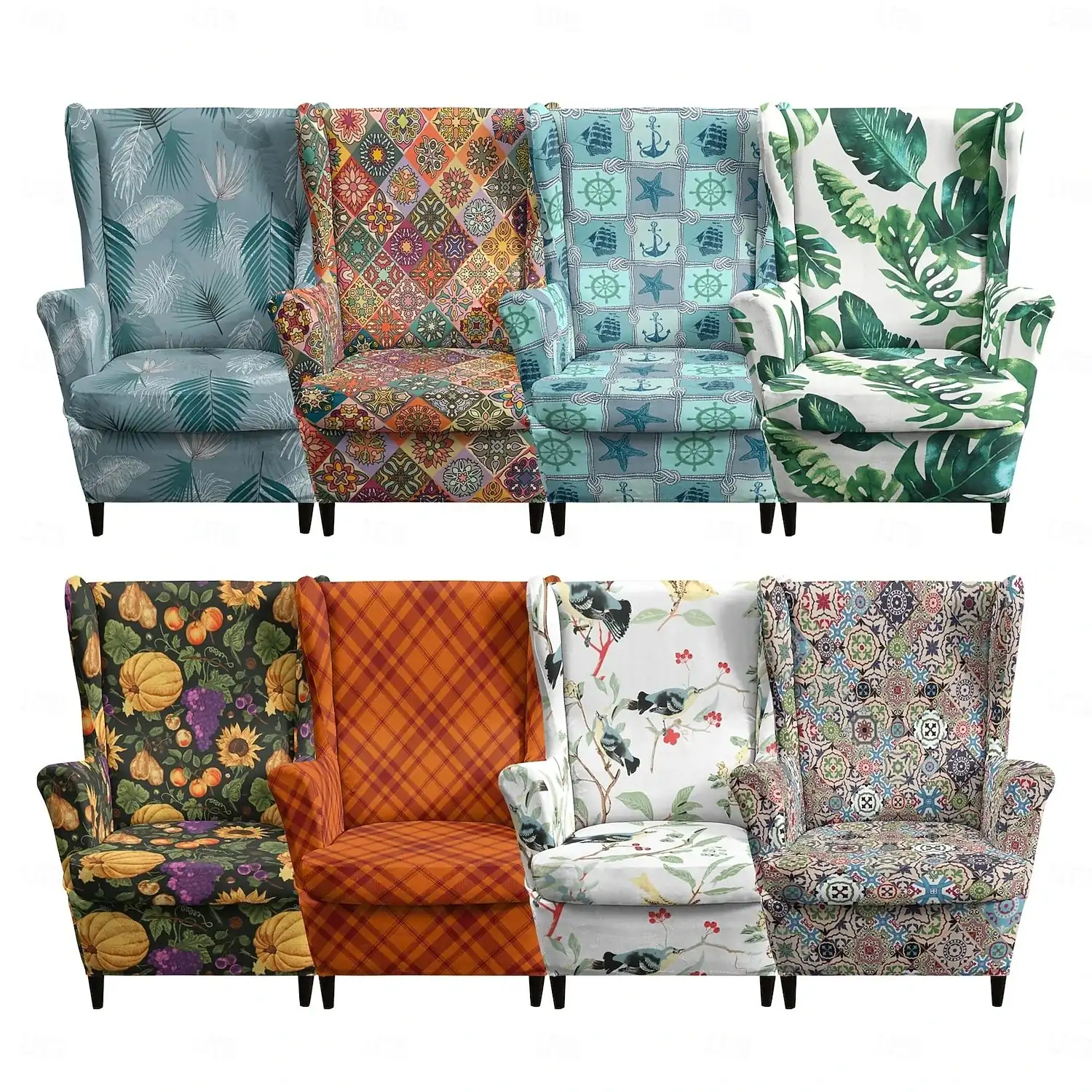 Wingback Chair Cover Floral Striped Geometric Printed Polyester Slipcover Full Cover Modern Foldable Fashion Korean Style Chair Protector Seat Cover A